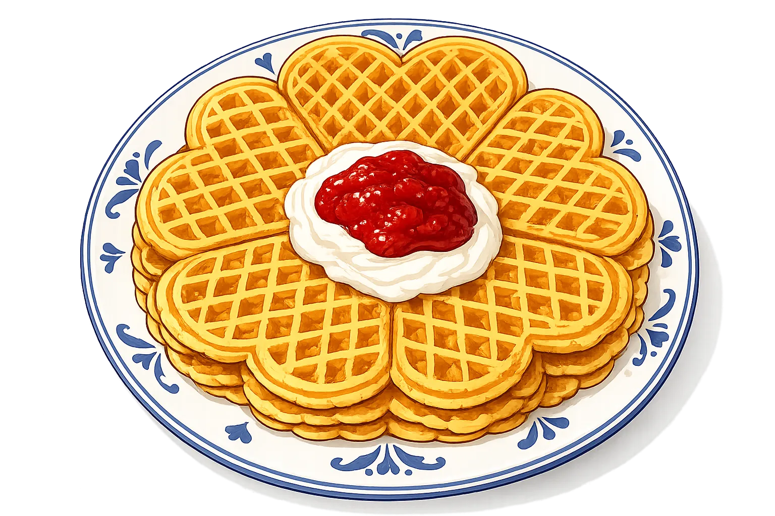 Heart-shaped waffles on a blue and white plate, with sour cream and strawberry jam
